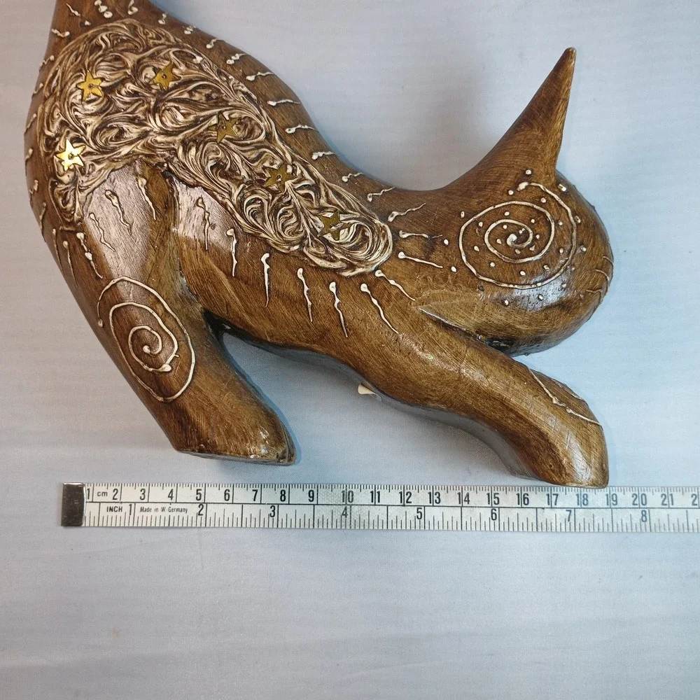 Vintage Hand Carved Wood Stretching Cat Feline From Indonesia 10.5